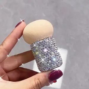 Multifunctional Travel Makeup Brush, Short Handle Mushroom Head, for Blush & Powder, Hypoallergenic PU, Fragrance Free, Rhinestone Decor, Portable