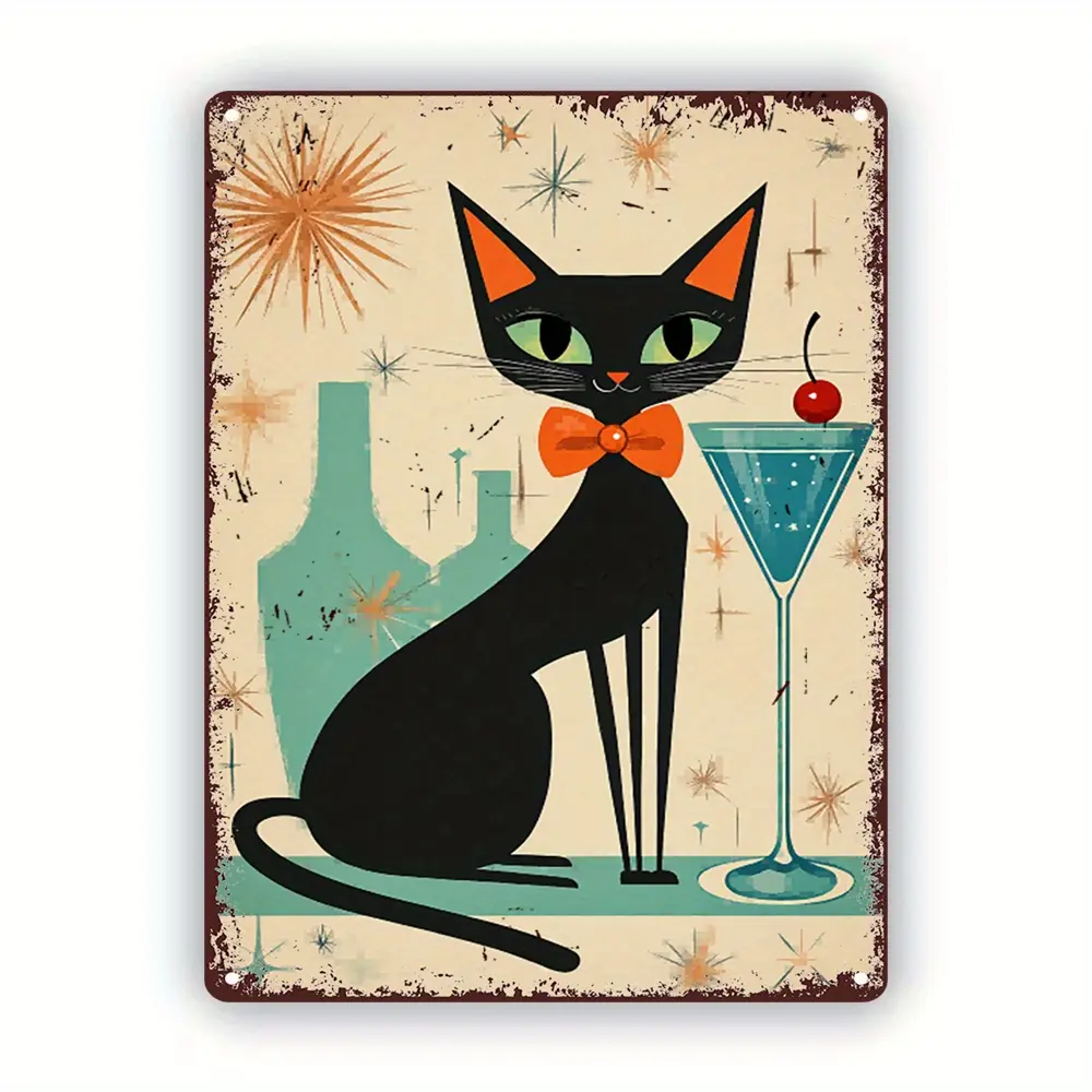 8x12in Rectangular Retro Black Cat With Martini Glass Steel Tin Sign, Novelty Decor, Mid-Century Bar Decorative Wall Plaque, Rustic Atomic Age Home Decor