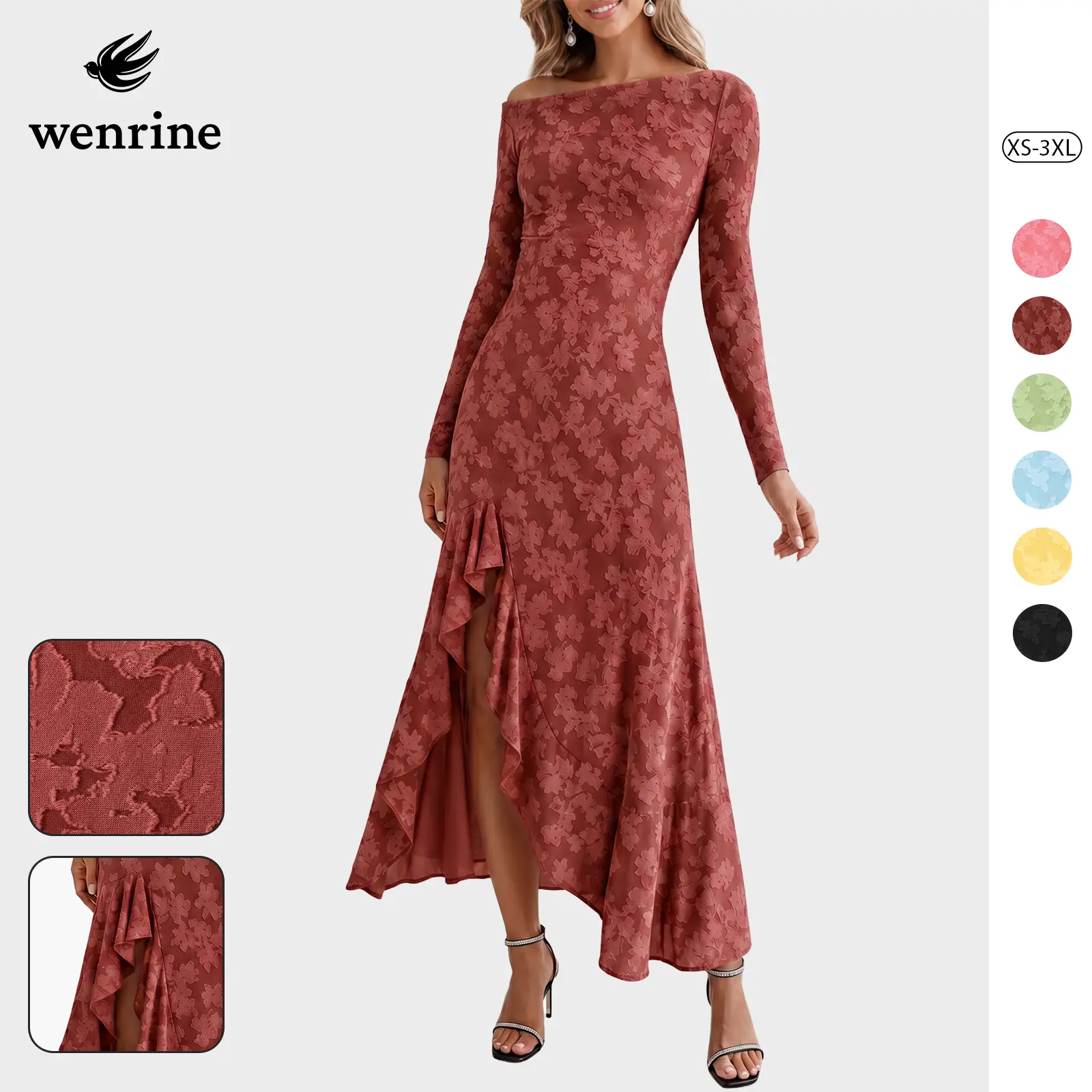 Wenrine Womens Cocktail Dresses Ruffle Off Shoulder High Slit Maxi Dress | off the shoulder,asymmetrical hem,floral pattern,high slit,ruffle trim,cocktail dress,party dress,long sleeve