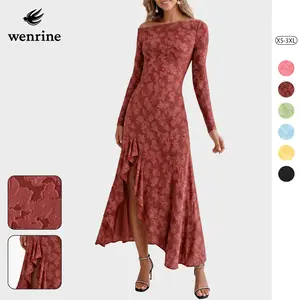 Wenrine Womens Cocktail Dresses Ruffle Off Shoulder High Slit Maxi Dress | off the shoulder,asymmetrical hem,floral pattern,high slit,ruffle trim,cocktail dress,party dress,long sleeve