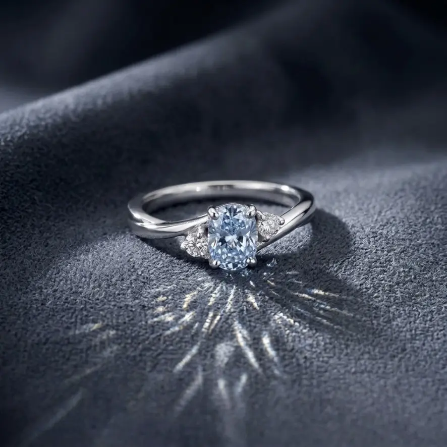Fancy Blue & Colorless Lab Diamond Three Stone Ring Size 6 925 Sterling Silver Rhodium Plated SGL Certified
