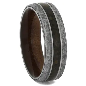 Meteorite and Fossil Ring with Kauri Wood Sleeve