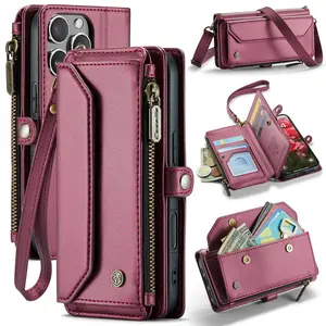 WAWZ for iPhone 16 Pro Case Women Men Multi-Function Wallet Case with Stand RFID Blocking Featuring Magnetic Closure Zipper Includes Shoulder Strap Wrist Strap (Red)