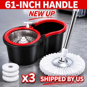 360° Spin Mop and Bucket System with Wringer Set, Stainless Steel Basket & Adjustable Handle, Easy Wringing Floor Cleaning Mop Bucket with Soap Dispenser and 3 Extra Microfiber Heads for All Floor Types