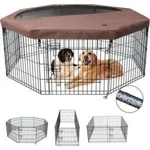 Foldable Metal  Exercise Playpen Gate Fence  Crate 8 Panels 24 Inch Height Puppy Kennels with Top Cover/Bottom Pad for  Outdoor Indoor (Brown, 24" H, Playpen+Bottom Pad)