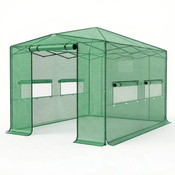 inQ Products D01027HRPQV 8 x 12 ft. Plastic Sprayed Iron Pipe PE Mesh Foldable Greenhouse - Shed Green