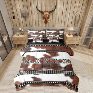Western Geometric Aztec Bed Bag,7 Piece Cowhide Cow Print Comforter Bed Set with Sheets,Vintage Animal Fur Aztec Ethnic Tribal Bedding Set,Kids Bed Set