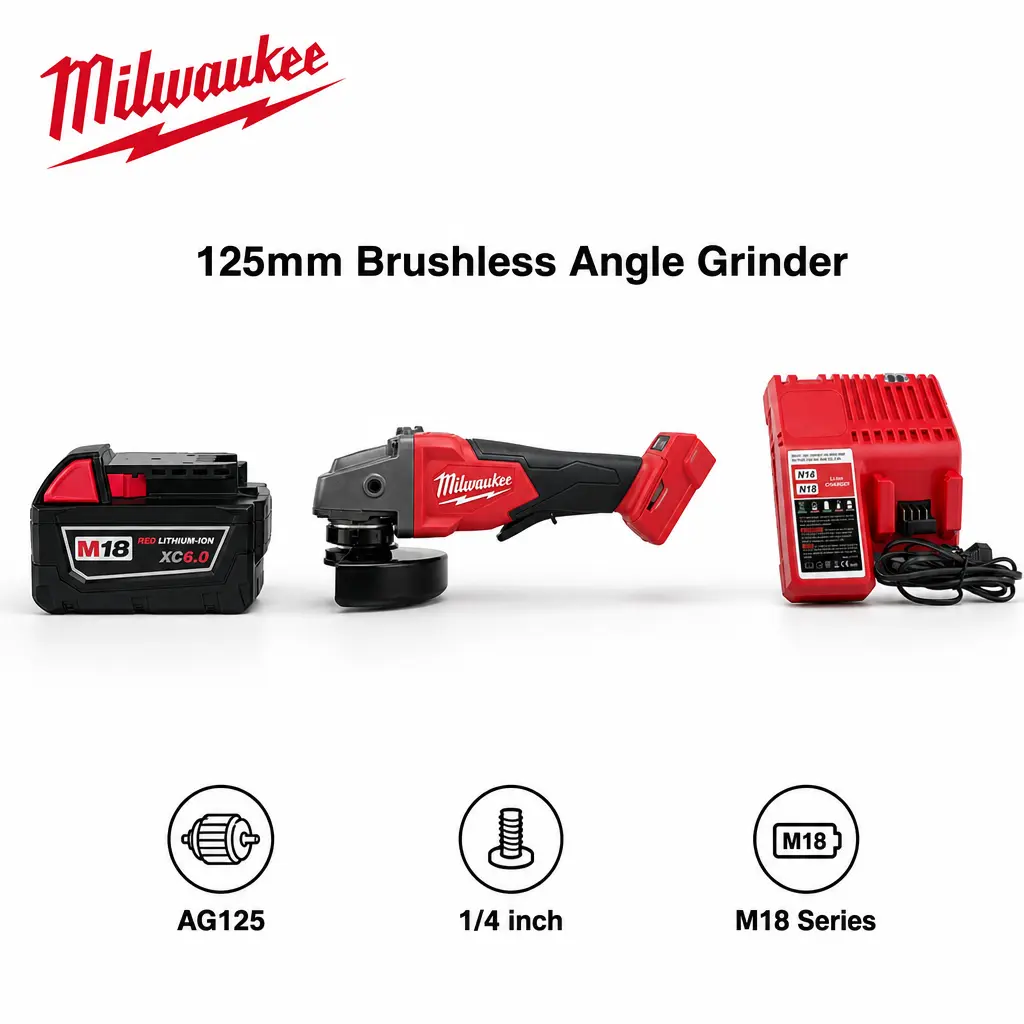 Milwaukee M18 18V Cordless Angle Grinder - 125mm Disc Diameter, M14 Spindle, Non-Lockable Paddle Switch, Variable No-Load Speed for Metal Cutting, Surface Grinding, Construction & Workshop Use