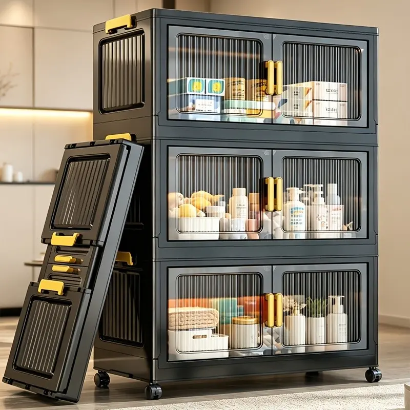 Large-Capacity Entryway Storage Cabinets with 3/4/5/6 Layers, Stackable Wheeled Storage Boxes, Folding Storage Cabinets with Doors, Foldable Plastic Storage Boxes, And Wheeled Wardrobe Organizers. Suitable for Living Rooms, Offices, And Gift Storage