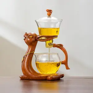 Creative Wooden Rabbit Shaped Glass Tea Set, 1 Set Semi-automatic Dripping Glass Teapot, Novelty Tea Set for Home Office