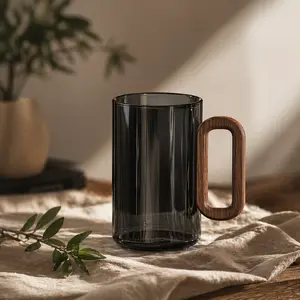 6-Piece Premium Glass Cup Set: Heat-Resistant Borosilicate Drinking Glasses with Black Walnut Wooden Handles for Home & Living Room