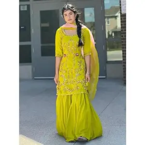 DESIGNER GEORGETTE SEQUENCE EMBROIDERY WORK TOP SHARARA WITH DUPATTA LEMON
