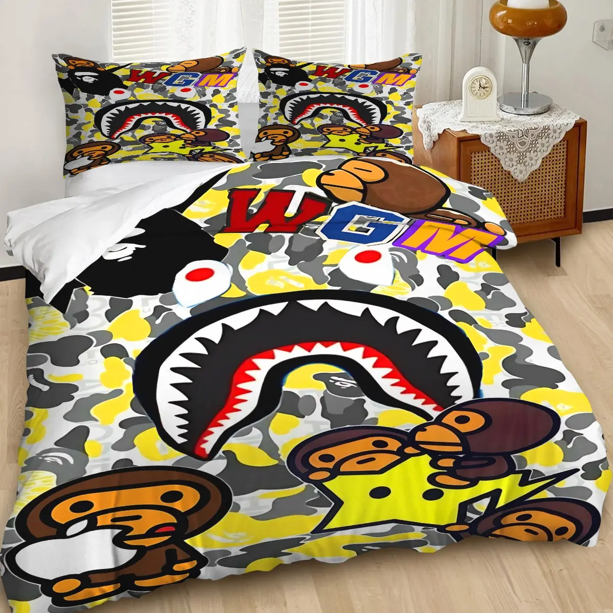 Shark Camo Monkey 3Pcs Duvet Cover Set, Camouflage Bedding Set, Soft, Skin-Friendly Microfiber with HD Print, Yellow-Gray Camo and Bold Letters Add Vibes, Includes 1 or 2 Pillowcases (Pillows Not Included) with Zipper Closure