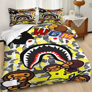 Trendy Shark Camo Monkey 3Pcs Duvet Cover Set with Street Style Design. Soft, Skin-Friendly Microfiber with HD Print. Yellow-Gray Camo and Bold Letters Add Modern Vibes. Includes 1 or 2 Pillowcases (Pillows Not Included) with Zipper Closure.