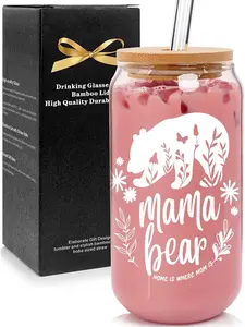 ANOTION Gift for Mom Mama Bear Mug - Borosilicate Glass Cup with Lid and Straw Birthday Gifts from Daughters Coffee Drinkware Tumbler