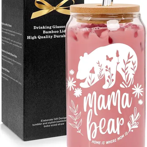 ANOTION Gift for Mom Mama Bear Mug - Borosilicate Glass Cup with Lid and Straw Birthday Gifts from Daughters Coffee Drinkware Tumbler