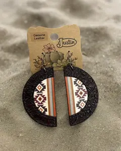 Justin Leather Half Moon Shape w/ Brown Tooled Leather & Aztec Print Earrings 22187EJ2