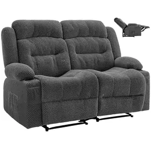 Two-Seater Loveseat Recliner Sofa With Manual Recline, Heating And Massage, Soft Corduroy Upholstery, Built-In USB Ports, Cup Holders And Side Storage Bags, Dual Reclining Living Room Chair, Grey