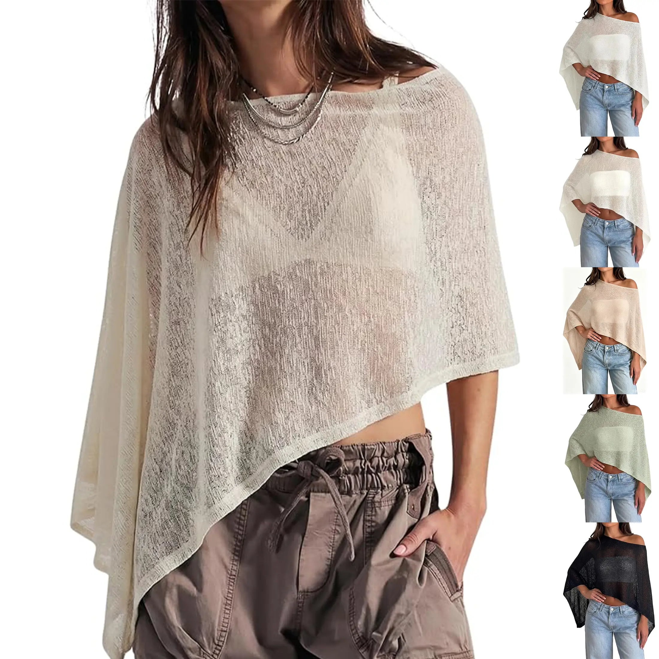 Wandal Women Sheer Knit Poncho Shrug  Lightweight Summer Beach Cover Up Loose Casual Layering Top OOTD