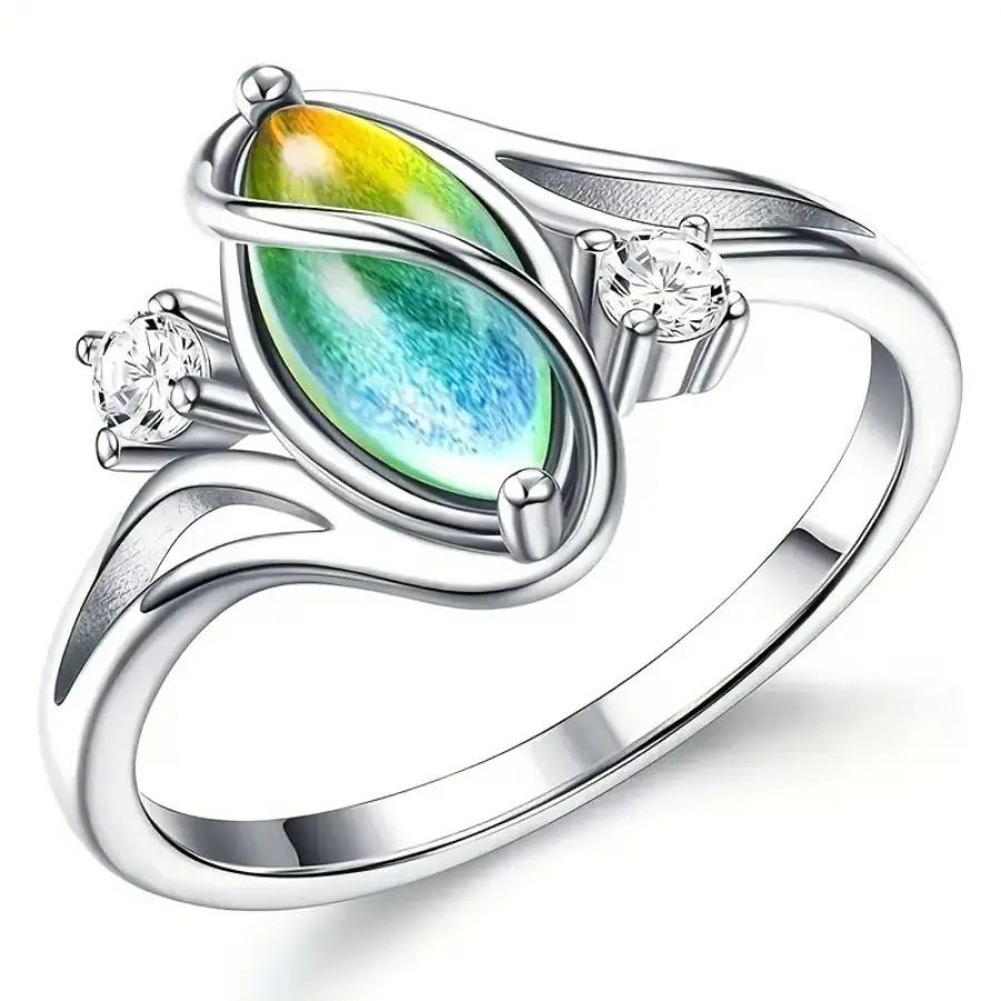 Women's 18 Karat White Gold Plated Handmade Victorian Oval Solitaire Color-Change Mood Ring, Stylish Accessories for Women, Vintage Trendy Daily Wear Costume Jewelry Gift