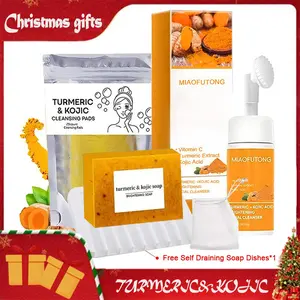 Four Piece Turmeric Cleansing Four-piece Set: Cleansing Cotton, Turmeric Cleansing Mousse, Turmeric Soap,soap dish, Facial Cleansing and Skin Care, Facial Cleansing and Soothing Cleanser, Christmas Gift