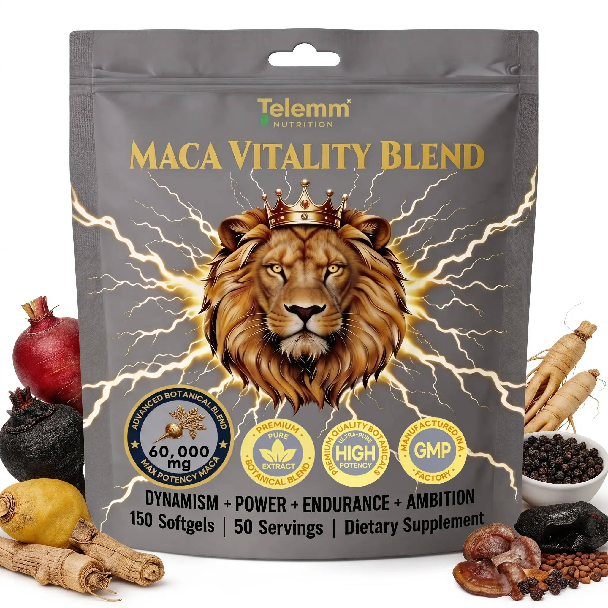 Telem Daily Botanical Maca Softgels,60000mg Multicolor Maca Root Extract Blend with Shilajit,Ashwagandha,Panax Ginseng,Fenugreek,Caffeine Free Plant Nourishment for Adult Users,150 Softgels 50 Daily Portions,Non-Irritant GMP Herbal Supplement