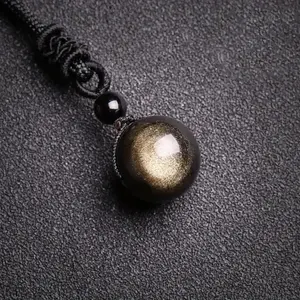 Natural Crystal Round Beads Pendant Gold Sheen Obsidian 16mm Beads Pendant Cord Women Men Adjustable Necklace, Healing Protection Necklace