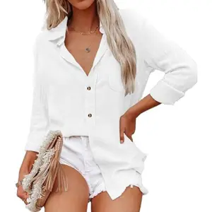 Women's Cotton Linen Button Down V Neck Shirts Solid Color Long Sleeve Blouses Oversized Lapel Collar Trendy Spring Summer Fall Business Blouses with Pocket Casual Top