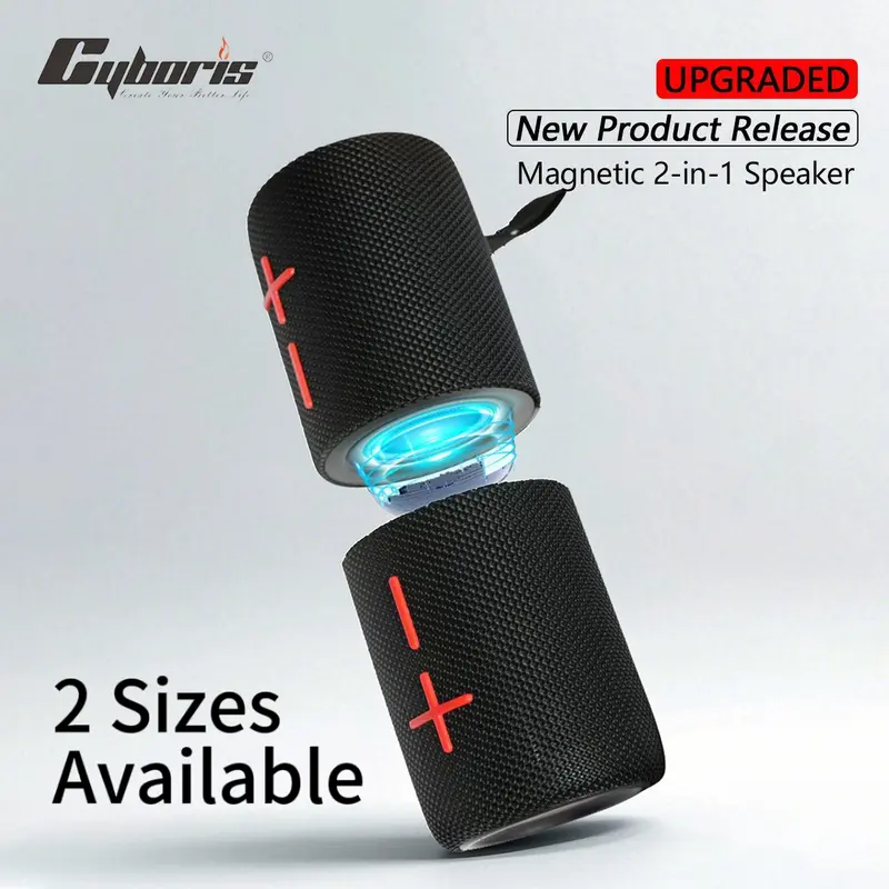 Cyboris Magnetic-Twist 2-in-1 Compact Portable Wireless Stereo Speaker - 20W/40W Bass Speaker, Bluetooth 5.3, Waterproof, Wired Charging, Cool Gadgets, Dad Gifts, Man Cave Gadgets, Black Travel Sound System