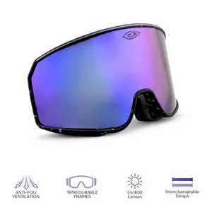 Polar Pulse Shredders Snow Goggles with Deep Purple Lenses Bold Black Frame UV400 Polarized TR90 Frame Anti-Fog Vents Interchangeable Straps