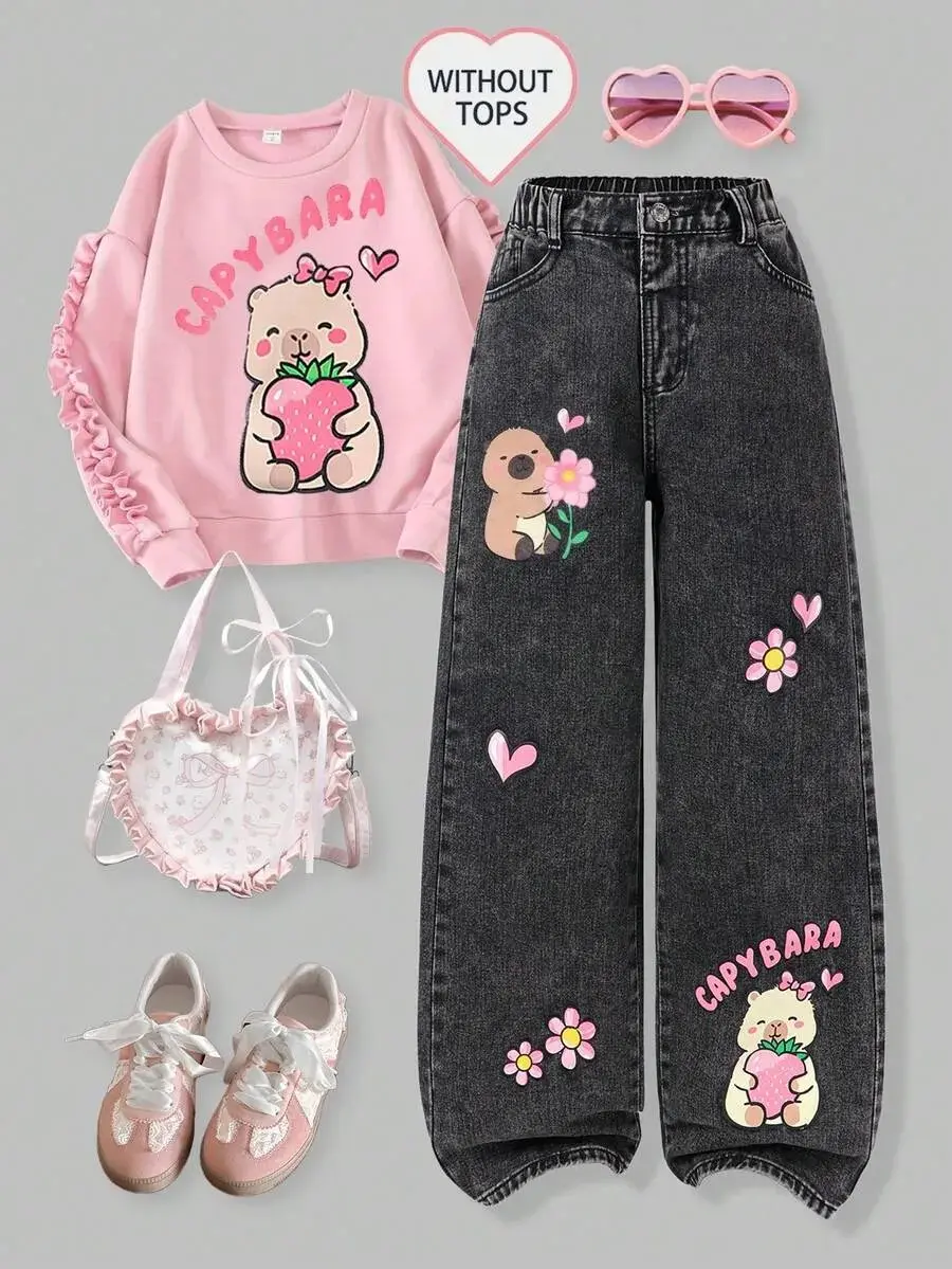 Tween Girl Pink Cute Capybara Print Wide Leg Jeans, Tween Girl High Waist Denim Pants Cartoon Pattern, Back-To-School Autumn School Casual Thin Trousers
