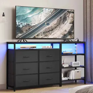Sikaic Corner L Shaped LED TV Stand Convertible Dresser with Charging Station and Open Shelf & PU Finish Drawers for Living Room Apartment Furniture Home