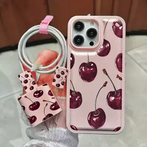 Cherry Pattern Phone Case and Charger Protector, Tpu Anti-Drop Cover for iPhone 17/17promax, Valentine's Day Gift for Boyfriend/girlfriend