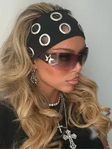 Punk Girl Hollowed Out Eyelets Wide Elastic Adjustable Headband, Stretchy Metal Rock Steampunk, Sports Casual Headbands, Fall Women Bandana