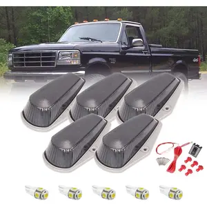 5 X Cab Roof Marker Lights Smoke Lens White LED Compatible with 1973-1997 F-150 F-250 F-350 F Series Pickup Super Duty Trucks, Cab Roof Running Lights, Accessories Light Sets w/Wiring Pack