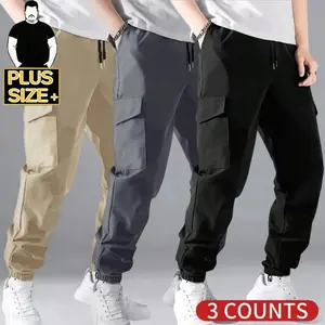 [Plus Size] Men's Cargo Joggers 3-Pack - Black, Dark Grey & Khaki Multi-Pocket Tapered Sweatpants with Elastic Cuffs, Casual Drawstring Pants for Big & Tall Men (2XL-6XL)