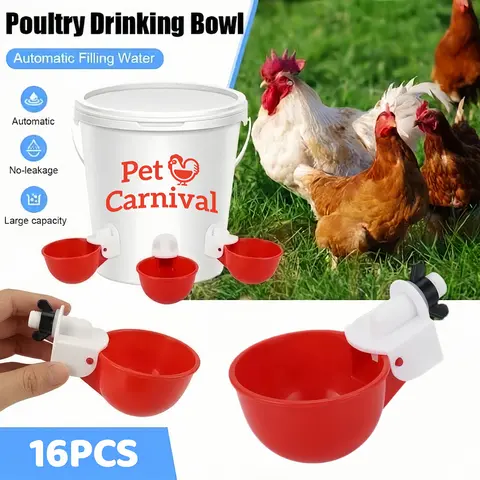 16-Pack Automatic Chicken Waterer Cups, Easy-Install Hanging Poultry Drinking Bowls with Additional Screw & Anti-Aging Feature, Farm Coop Feeding Supplies for Chickens (16 Count)