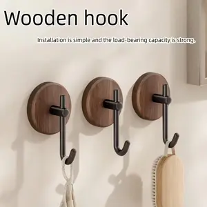 1pc/3pcs Wall-Mounted Coat and Hat Hook, Walnut Wood Finish, No-Drill Adhesive Hook, Waterproof Wall Hook, Bathroom Hook, Kitchen Hook, Key Hook, Clothes Hook, Suitable for Home and Office, Utility Hooks