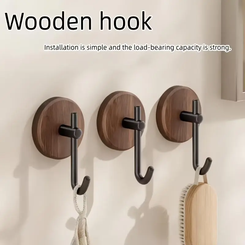 1pc/3pcs Wall-Mounted Coat and Hat Hook, Walnut Wood Finish, No-Drill Adhesive Hook, Waterproof Wall Hook, Bathroom Hook, Kitchen Hook, Key Hook, Clothes Hook, Suitable for Home and Office, Utility Hooks