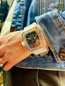 Cyberpunk Barrel Watch, Transparent Case, Rainbow Gradient Bezel, Mechanical Gear Dial, Silicone Strap, Unisex, Y2K Streetwear Style