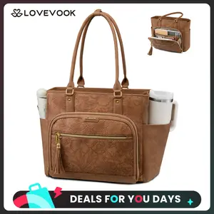 LOVEVOOK Laptop Tote Bag for Women Work, Vintage Leather Teacher Nurse Bag with Large Cup Holder, Bible Handbag Purse GIfs, Waterproof Professional Computer Briefcase for Business Office, 15.6 Inch