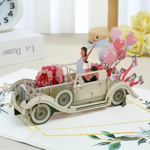 Handmade 3D Pop-Up Greeting Card, Vintage Car Design, Includes Envelope, Laser Cut Rose Wedding Theme, Perfect for Valentine's Day