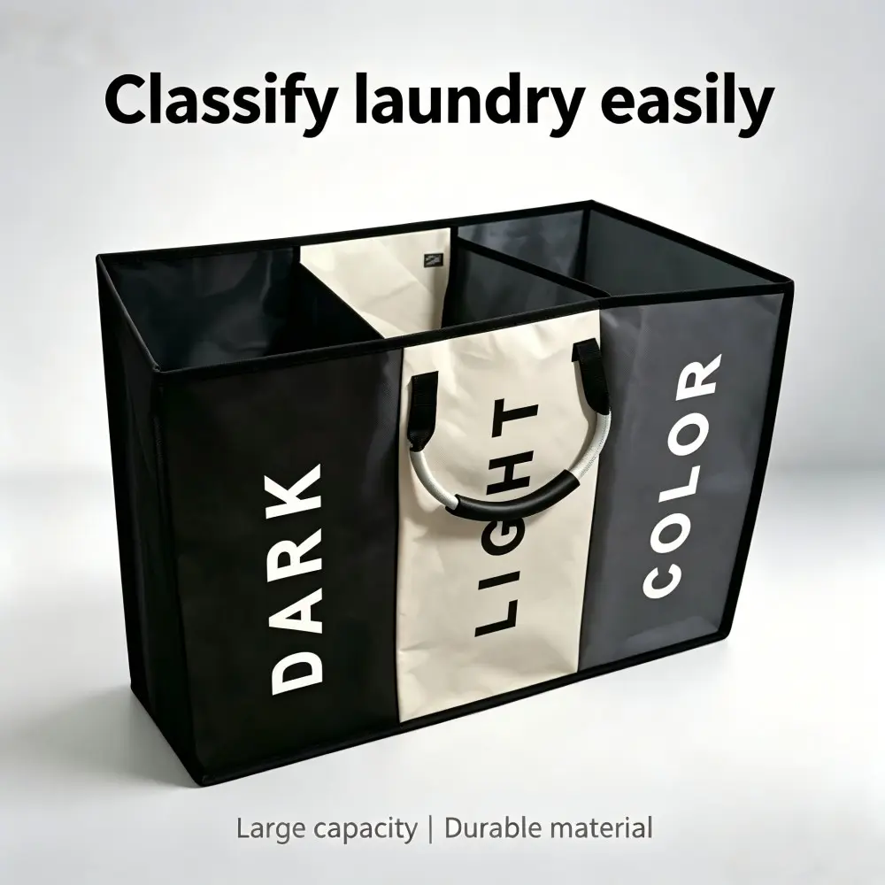 Heavy Duty Waterproof Laundry Bag, Laundry Bin, 3 Compartment Laundry Sorter Hamper, Laundry Sorting Basket, Oxford Cloth with Aluminum Handle, Washable Durable Storage Basket for Dorm Bedroom Bathroom Closet Car Trunk