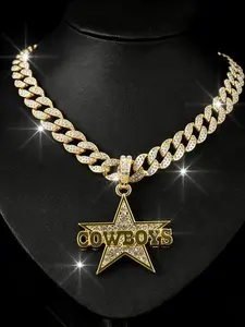Cowboys Star Rhinestone Cuban Chain, Streetwear Hip-Hop Design, Full Diamond Star + Letter Overlay, Trendy Fan Accessory
