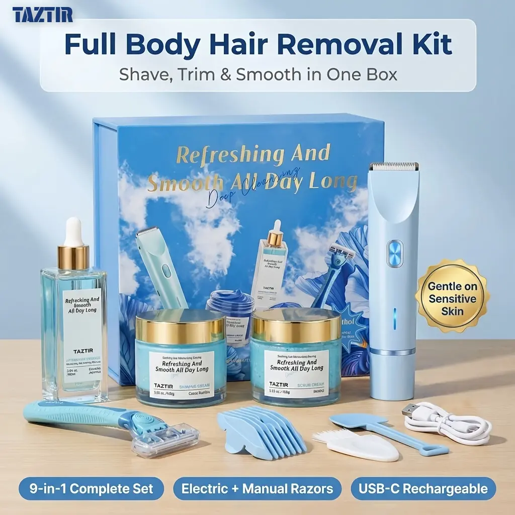 TazTir Men's Grooming Kit, 9-in-1 Body Care Set in a Luxury Gift Box with Dual Head Electric Shaver, Coconut Scrub & Hair Removal Cream for Men, Serum, 9-In-1 Set, Fresh, All Day Long, Smooth Legs, Body Care Products, Smooth Shave, Hair Removal Devices