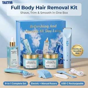 [9-in-1]TAZTIR Luxury Shaving&Body Care Set-The Ultimate Grooming Kit, Featuring Coconut-Scented Scrub, Hair Removal Cream, Pre-Shave Serum, Dual-Head Electric Shaver & Manual Razor. Presented In An Elegant Gift Box. Refeshing And Smooth All Day Long