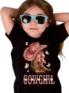 Cowgirl Boots Hat Butterfly Kids T-Shirt Western Cowboy Themed Graphic Tee for Girls