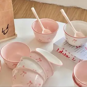 Cute Bow Design 4PCS Ceramic Bowl and Spoon Set Dishwasher & Microwave Safe Pink Colorful Bow Patterns