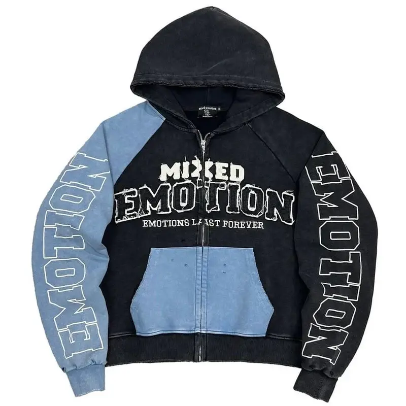 Mixed Emotions Split Decision Hoodie (Blue/Black) Hoodie – Vintage Patchwork Y2K Streetwear Pullover Sweatshirt, Colorful Graphic Hooded Top, Retro Urban Fashion for Men & Women, Casual Fall Winter Outfit