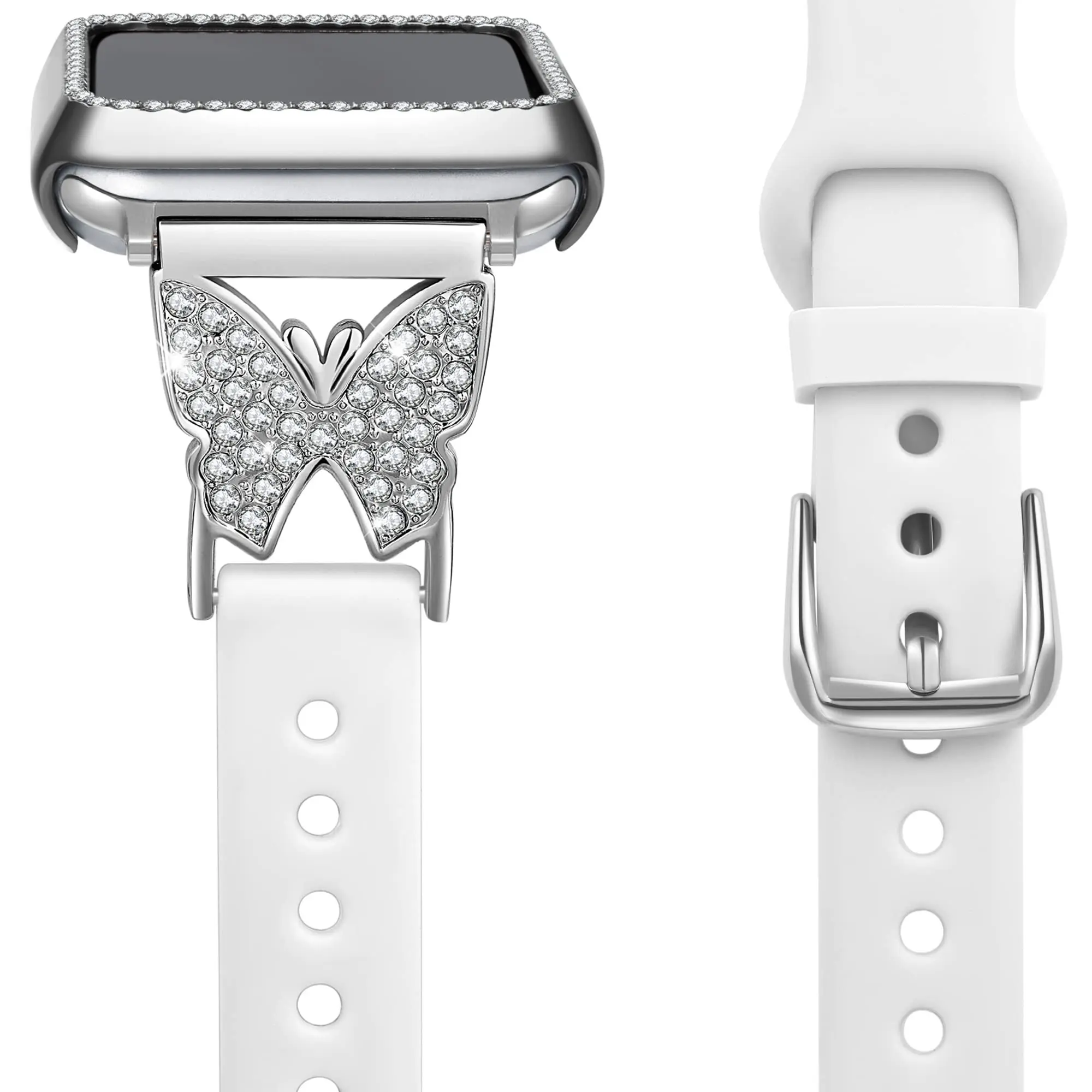 Love Lies Within Bling Butterfly Band Case Compatible with Apple Watch Band 45mm for Women Classy Silicone Bracelet with Rhinestone Bumper for iWatch Series 7 8